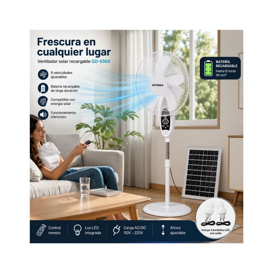 Ventilador Solar Recargable GD-936S 9Vel